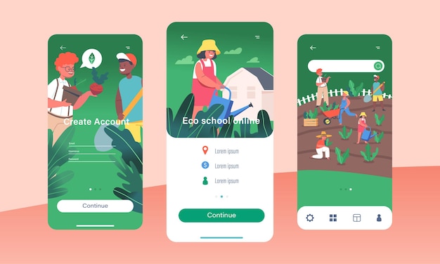 Szablon Ekranu Na Pokładzie Eco School Online Mobile App. Mali Ogrodnicy Chłopcy Lub Dziewczęta Postacie Sadzenie I Pielęgnacja Roślin. Prace Ogrodnicze Dla Dzieci. Pojęcie. Ilustracja Wektorowa Kreskówka Ludzie