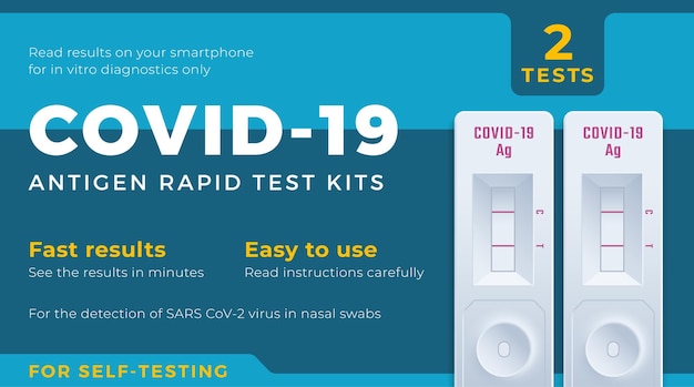 Szablon Etykiety Szybkiego Autotestu Antygenu Covid19 Zestaw Diagnostyczny Wymazu Z Nosa Wirusa Korony Medycznej Wektor Układ Projektu Opakowania Nowoczesna Typografia Baner Z Realistycznymi Urządzeniami Testowymi Tło Na Białym Tle