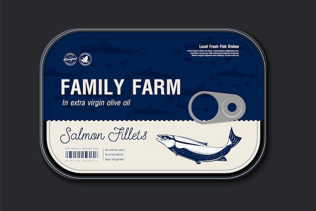 Szablon etykiety z łososiem królewskim w puszkach, puszka z rybą wektorową z pokrywą etykiety, koncepcja projektowania opakowań