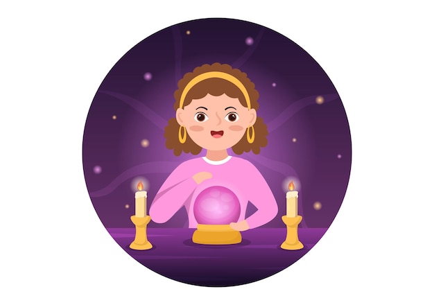 Szablon Fortune Teller Ręcznie Rysowane Ilustracja Kreskówka Z Kryształową Kulą Lub Kartami Do Przewidywania Losu