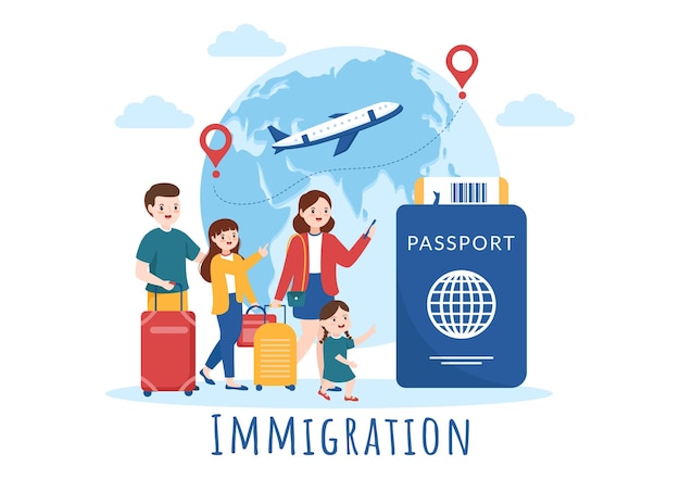 Plik wektorowy szablon imigracyjny ręcznie rysowane kreskówka płaska ilustracja dokumentu z wizą i paszportem