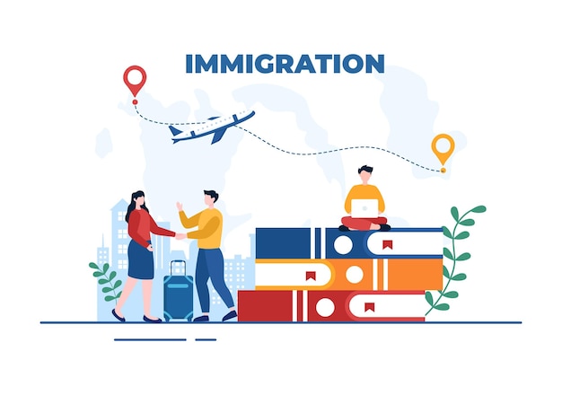 Szablon Imigracyjny Ręcznie Rysowane Kreskówka Płaska Ilustracja Dokumentu Z Wizą I Paszportem