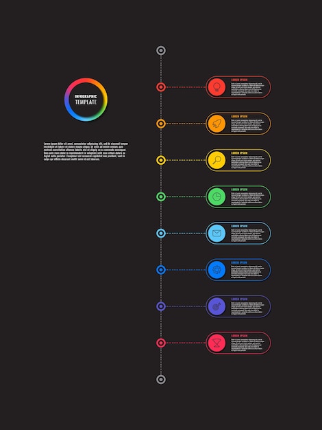 Szablon Infografiki Pionowej Osi Czasu Z Ośmioma Wielokolorowymi Okrągłymi Elementami Na Czarnym Tle