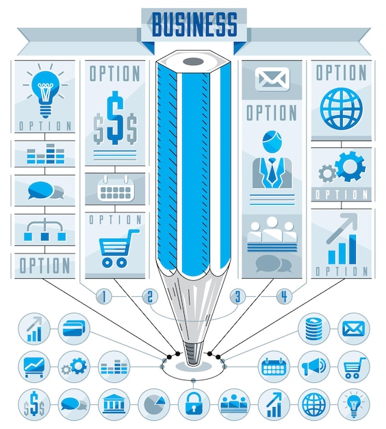 Plik wektorowy szablon infografiki, scentralizowana kompozycja wymiarowa ołówkiem, ilustracja wektorowa.
