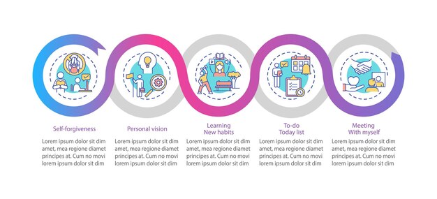 Szablon infografiki walki z prokrastynacją. Wizja, dbałość o siebie elementy projektu prezentacji. Wizualizacja danych w pięciu krokach. Wykres osi czasu procesu. Układ przepływu pracy z ikonami liniowymi