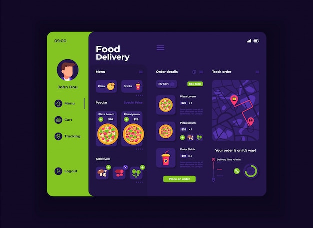 Szablon Interfejsu Tabletu Dostawy żywności. Układ Strony Aplikacji Mobilnej W Trybie Nocnym. Ekran Menu Zamawiania. Płaski Interfejs Użytkownika Do Aplikacji. Pizza, Składniki I Napoje Na Wyświetlaczu Urządzenia Przenośnego