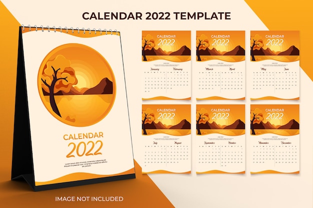 Szablon Kalendarza Biurkowego 2022 Zestaw 12 Miesięcy Na Tle Zachodu Słońca