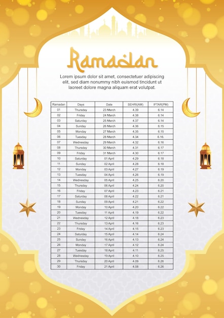 Szablon Kalendarza Islamskiego Ramadan Kareem I Harmonogram Sehri Ifter