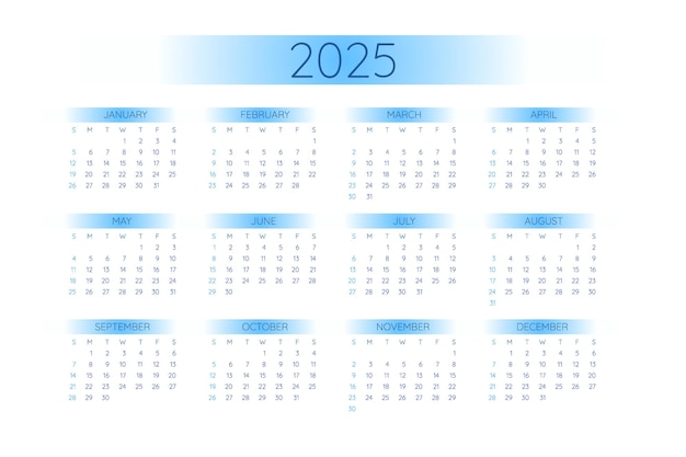 Plik wektorowy szablon kalendarza kieszonkowego 2025 w minimalistycznym stylu z niebieskimi elementami gradientowymi w formacie poziomym tydzień zaczyna się w niedzielę