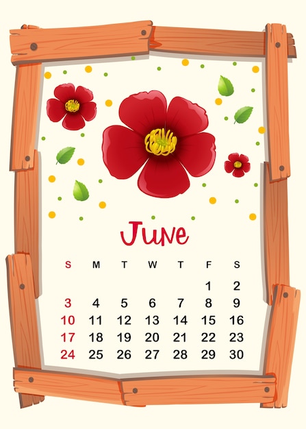 Plik wektorowy szablon kalendarza na czerwiec z czerwony kwiat