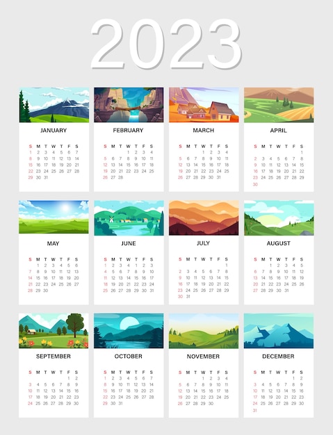 Plik wektorowy szablon kalendarza ściennego 2023 z ilustracjami płaskiego krajobrazu