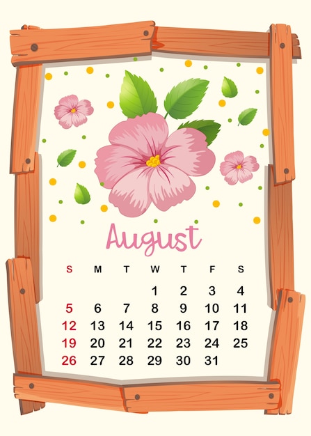 Szablon Kalendarza Z Różowe Kwiaty Na Sierpień