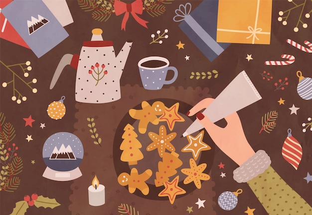 Plik wektorowy szablon kartki świąteczne pozdrowienia z ręki trzymającej worek ciasta i dekorowanie ciasteczek