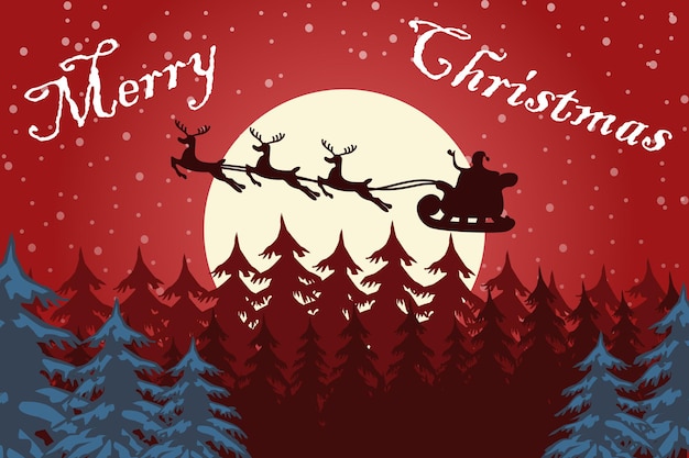 Szablon kartki świąteczne z choinki gwiazd księżyc i Santa Claus z sylwetka renifera w nocy księżyca transparent lub plakat na Boże Narodzenie celebracja ilustracja wektorowa