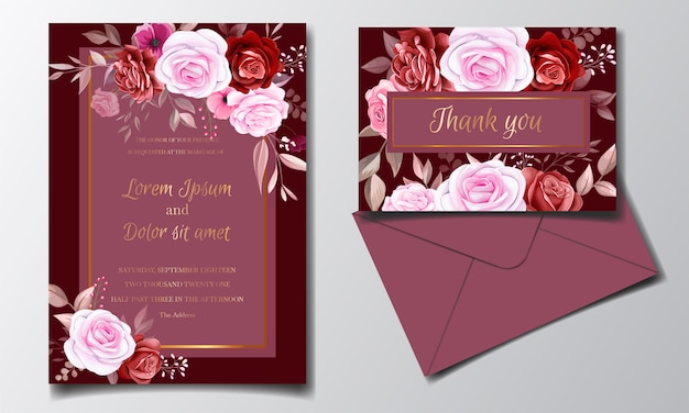 Szablon Karty Zaproszenia Romantyczny Bordowy ślub Z Róży Kosmos Kwiaty I Liście