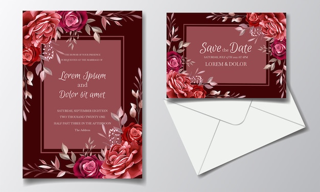 Szablon Karty Zaproszenia Romantyczny Bordowy ślub Z Róży Kosmos Kwiaty I Liście