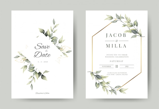 Plik wektorowy szablon karty zaproszenia ślubne z zielonych liści dekoracji