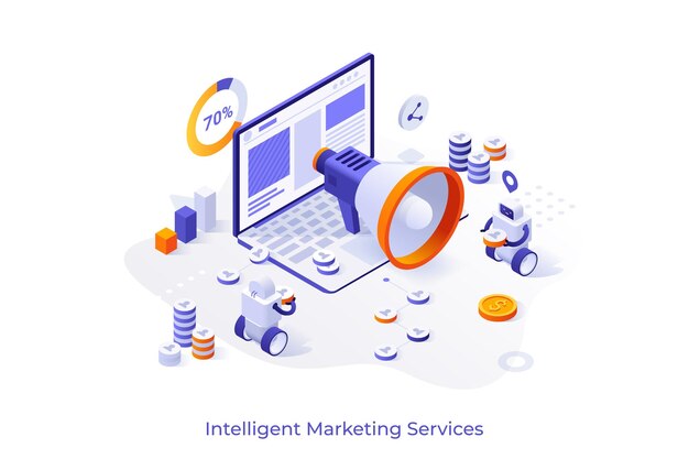 Szablon koncepcyjny z gigantycznym megafonem robotów i laptopem Scena dla inteligentnego marketingu zautomatyzowanej usługi reklamy internetowej Nowoczesna izometryczna ilustracja wektorowa na stronie internetowej