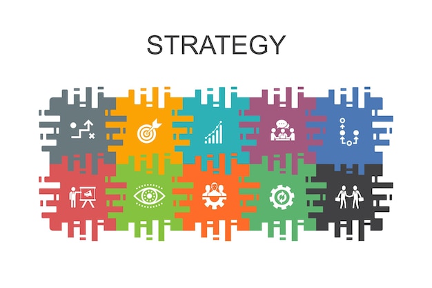 Plik wektorowy szablon kreskówka strategii z płaskimi elementami. zawiera takie ikony jak cel, wzrost, proces, praca zespołowa