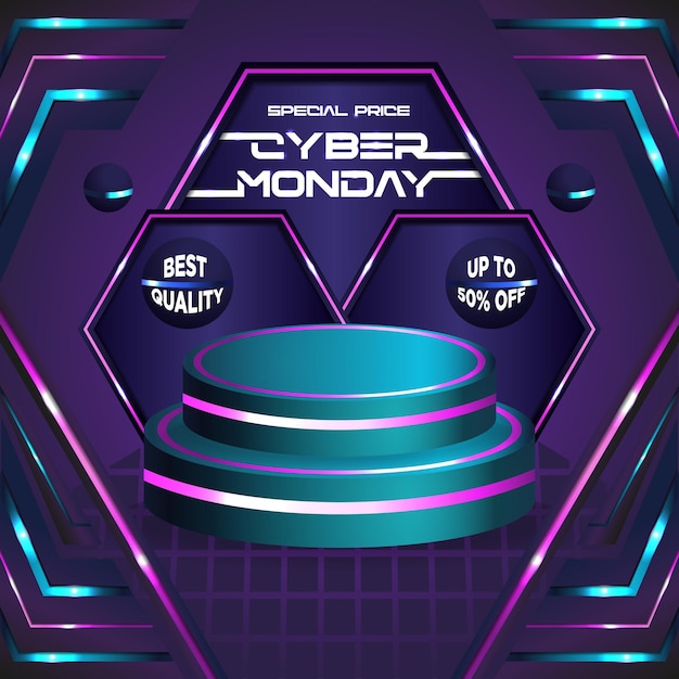 Szablon Kwadratowy Wektorowy Cyber Monday Podium Neon Style Background