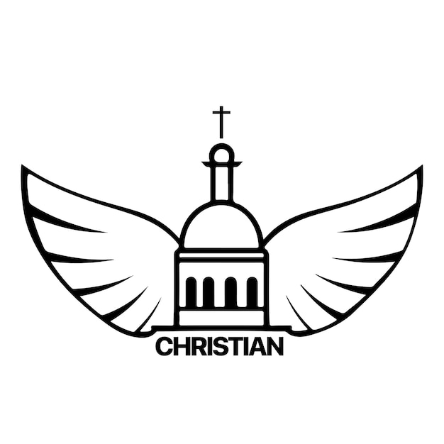 Plik wektorowy szablon logo chrześcijańskiego z kościelną świątynią i skrzydłami gołębia czarno-biały symbol chrześcijański skrzydła gołębia i logo wieży kościelnej