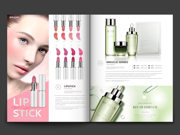 Plik wektorowy szablon magazynu kosmetycznego, szminki i produkty do pielęgnacji skóry z portretem modelu w ilustracji 3d, broszurze magazynu lub katalogu