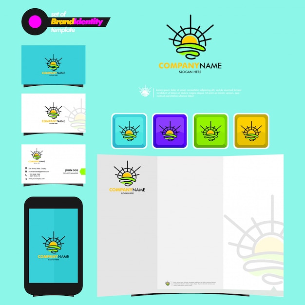 Plik wektorowy szablon marki firmy z logotypem wschód, wizytówki, ulotki i smartphone
