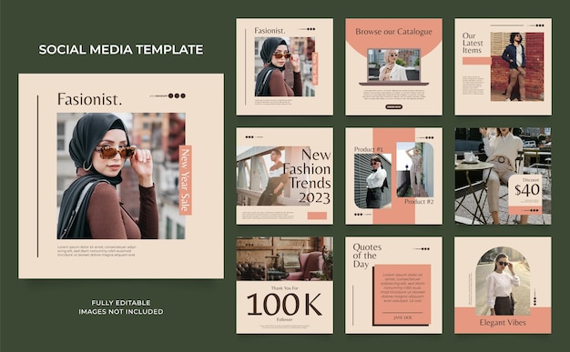 Szablon mediów społecznościowych baner moda promocja sprzedaży w kolorze czerwono-brązowym w pełni edytowalny instagram i facebook kwadratowa ramka postu puzzle organiczny plakat sprzedaży