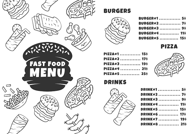 Szablon Menu Fast Food. Burgery, Pizza, Napoje. Nadruk Z Ikonami Liniowymi. Ilustracje Wektorowe Koncepcja. Restauracja, Baner Kawiarni, Strona Broszury Ulotki Z Układem Cen żywności