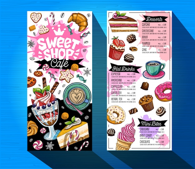 Plik wektorowy szablon menu kawiarni słodki sklep. etykieta projektu kolorowe logo, godło. napis, słodycze, ciasto, rogalik, słodycze, ciasteczko kolorowe, powitalny, kawa, bazgroły, pyszne.