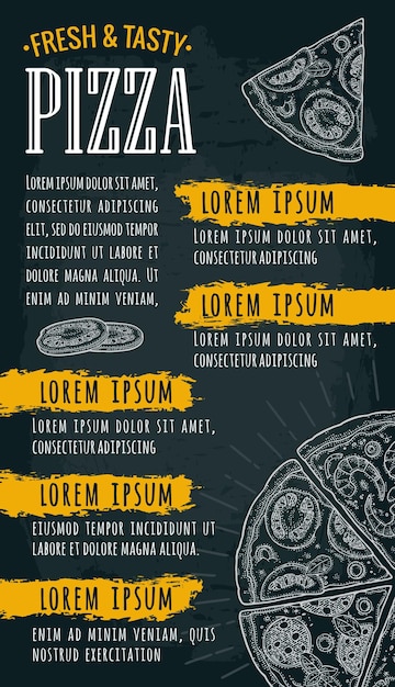 Szablon menu restauracji lub kawiarni z tekstem Pizza napis Vintage monochromatyczne wektor Grawerowanie ilustracja na ciemnym tle