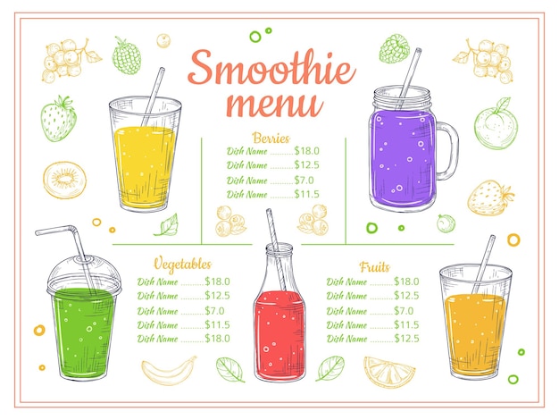 Plik wektorowy szablon menu smoothie. zimne napoje, letnie szejki i koktajle.