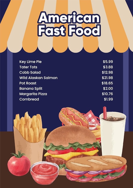 Szablon Menu Z Amerykańską Koncepcją Fastfood W Stylu Akwareli