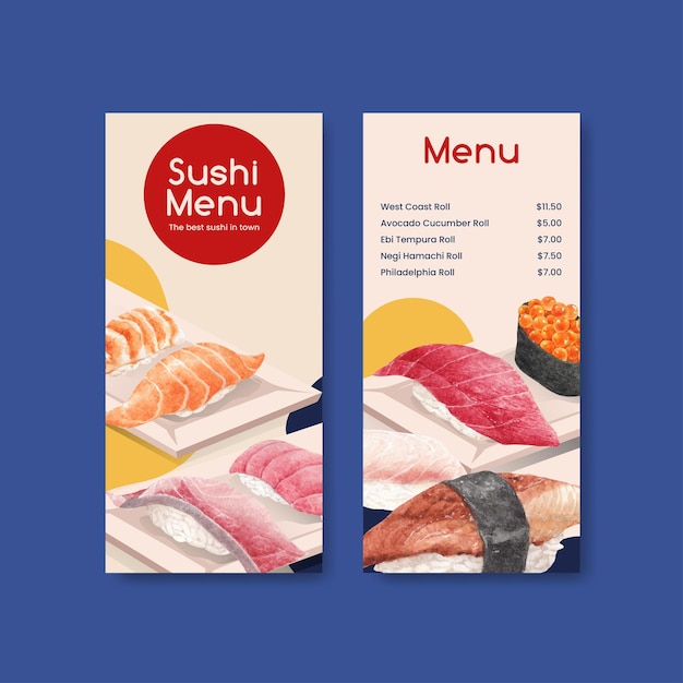 Szablon menu z koncepcją premium sushi, w stylu akwareli
