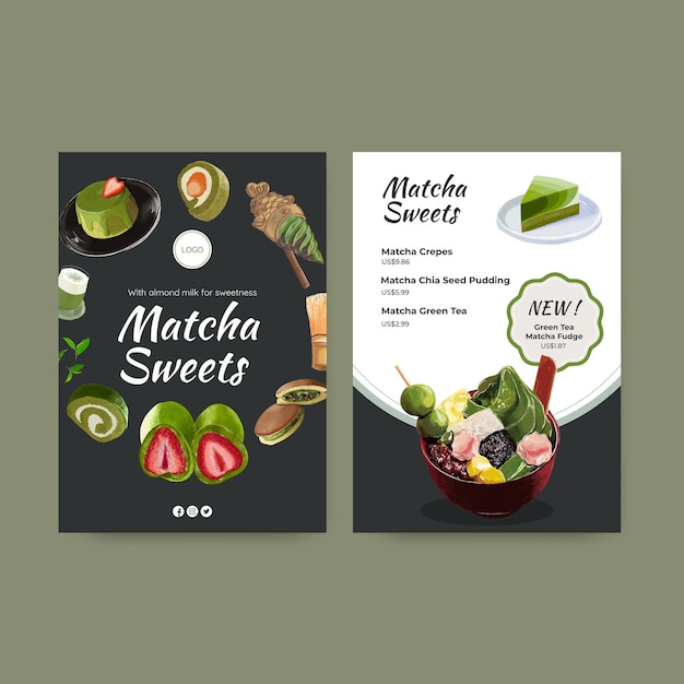 Szablon Menu Z Koncepcją Słodyczy Matcha, Styl Przypominający Akwarele