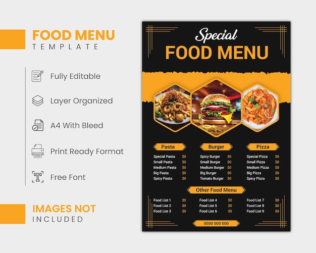 Szablon menu żywnościowego Menu żywnościowe dla restauracji i kawiarni