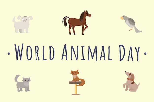 Szablon Międzynarodowego Dnia Zwierząt. Koty Cartoon, Psy, Koń, Papuga Na Białym Tle Ilustracje