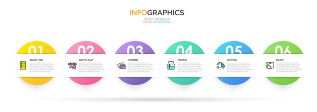 Szablon Na Zakupy Infografiki. Sześć Opcji Lub Kroków Z Ikonami I Tekstem.