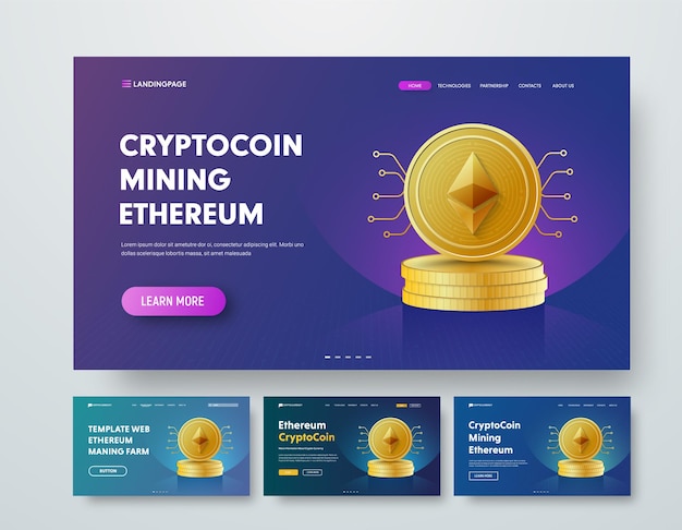 Szablon nagłówka internetowego ze stosami złotych monet Ethereum i elementami mikroukładów.