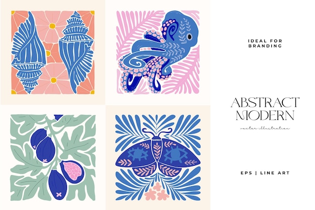 Szablon Plakatów Sztuki Abstrakcyjnej Nowoczesny Modny Minimalistyczny Styl Matisse'a Różowe, Niebieskie, żółte Kolory