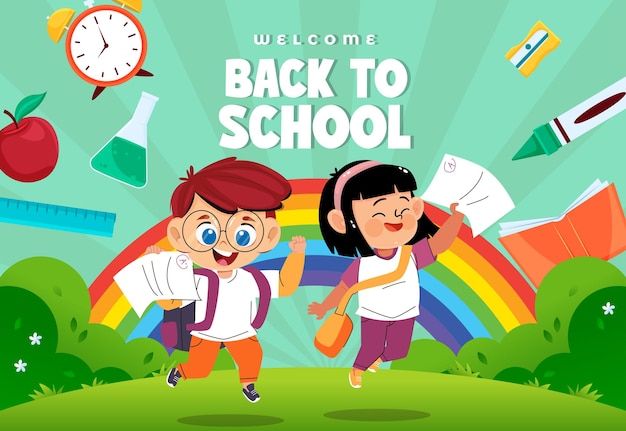 Szablon plakatów z powrotem do szkoły zabawne dynamiczne elementy edukacyjne dla dzieci
