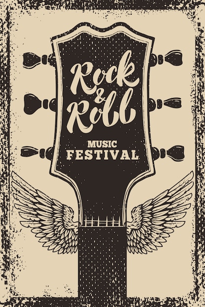 Szablon Plakatu Festiwalu Rock And Rolla. Gitara Ze Skrzydłami Na Tło Grunge. Ilustracja