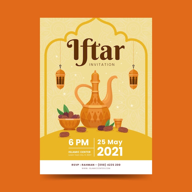 Szablon Plakatu Iftar. Ramadan Kareem Tło Z Elegancką Mandalą, Latarnią, Datami I Czajnikiem