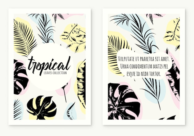 Szablon plakatu ilustracja rośliny tropikalne i liście ręcznie rysowane styl zarys szkic baner internetowy