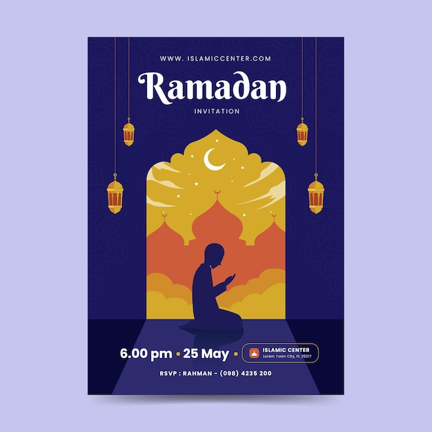 Szablon Plakatu Ramadan Kareem. Tło Z Meczetu I Sylwetka Człowieka Modlącego Się
