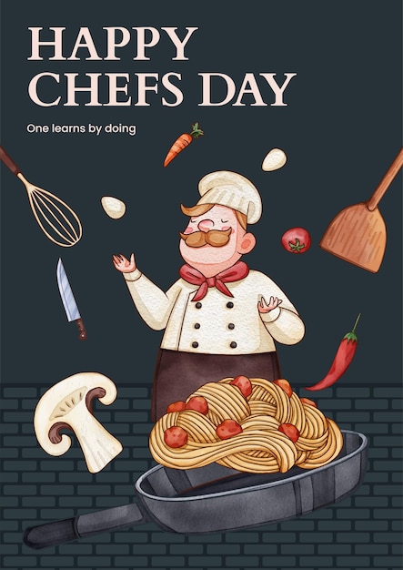 Plik wektorowy szablon plakatu z koncepcją dnia szefa kuchni w stylu akwareli