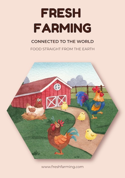 Szablon Plakatu Z Koncepcją Kurczaka Farm Foodstyl Akwarela