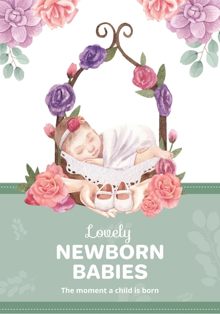 Plik wektorowy szablon plakatu z koncepcją noworodka, styl akwareli