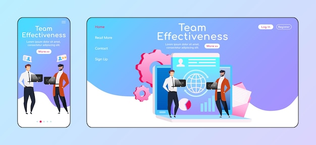 Szablon Płaski Kolor Strony Docelowej Adaptacyjnej Efektywności Zespołu. Pracownicy Utrzymują Układ Strony Głównej Laptopów I Komputerów Stacjonarnych. Interfejs Użytkownika Witryny Sieci Web Pracy Zespołowej. Projekt Strony Internetowej Systemu Crm Dla Wielu Platform