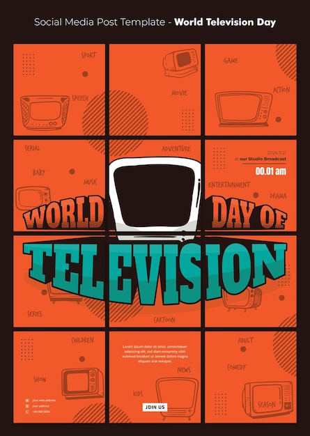 Plik wektorowy szablon postu w mediach społecznościowych z typografią światowego dnia telewizji dla kampanii dnia telewizji